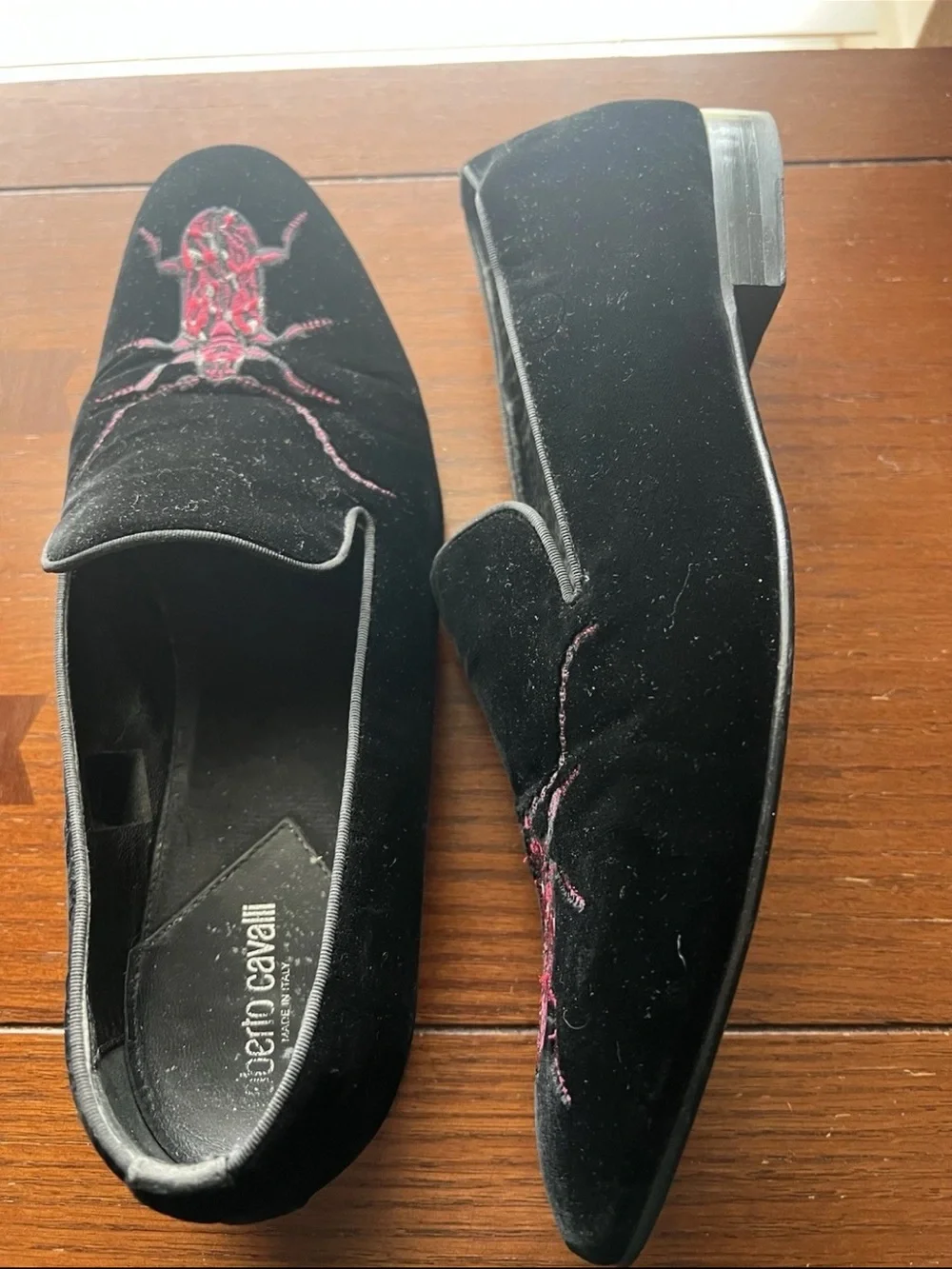 Roberto Cavalli Men Black Velvet Beetle Loafers Embroidered Size 45 EU-12 US